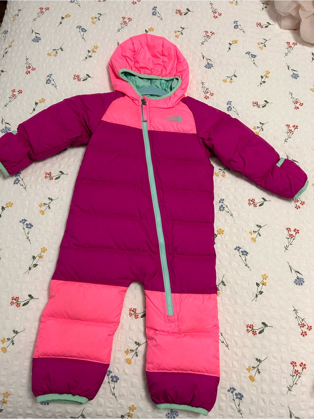 The North Face Girls Colorblock Magenta & Hot Pink Hooded Snowsuit